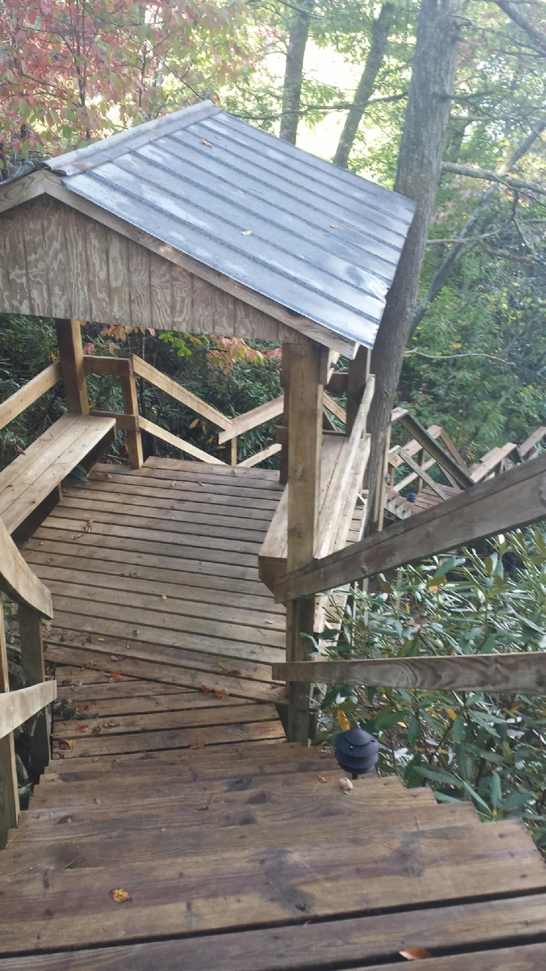 Metal roofed shelter over wooden steps on a wooded walkway — Skylight Repair & Installation work by our crew in Mahaffey